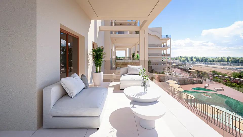 Terraza de Apartamentos Aneas con vistas a la piscina