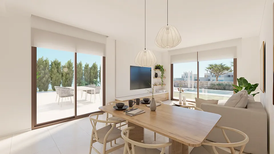 Salón comedor de Villas Olea abierto a la terraza
