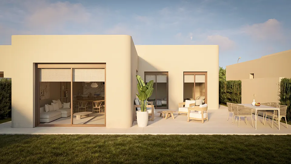 Fachada y terraza de una villa Olea